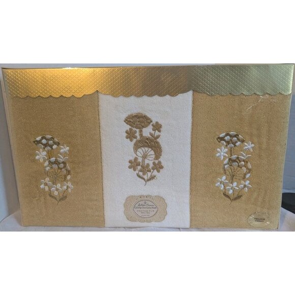 NOS 70s Mushroom Towels Velour Terry Golden Crown Guest Hand Set Of 3 Vtg Groovy - Picture 11 of 11